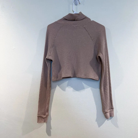 The Range Tan Cropped Turtleneck Waffle Knit Designer Long Sleeve Shirt XS - Picture 5 of 8